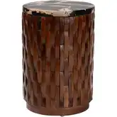Lavanya Drum End Table in Black & Cream Petrified Wood & Recycled Teak Wood