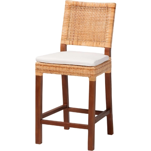 Lesia Counter Stool in Natural Rattan, Walnut Finish Wood & Neutral Fabric