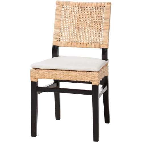 Lesia Dining Chair in Espresso Brown Mahogany, Rattan & White Fabric (Set of 2)