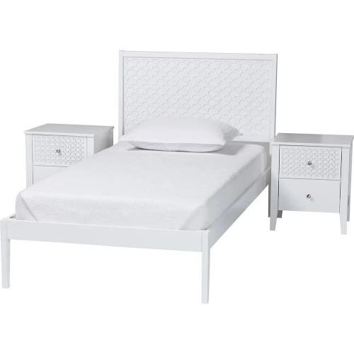 Lara Twin 3 Piece Twin Bedroom Set with Geometric Overlay in White Wood