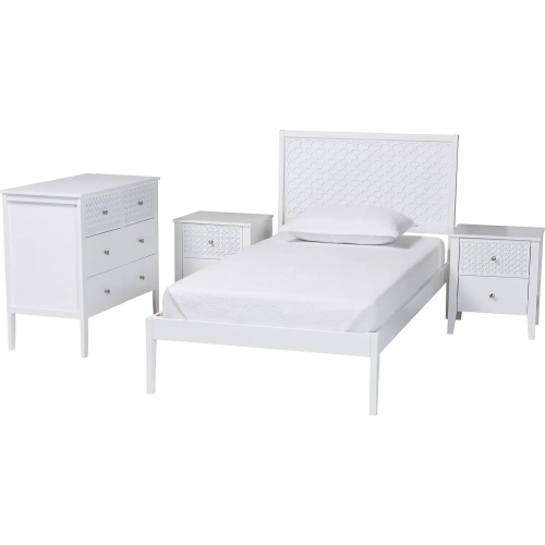 Lara Twin 4 Piece Twin Bedroom Set with Geometric Overlay in White Wood
