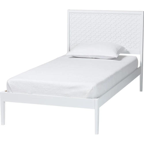 Lara Twin Platform Bed with Decorative Headboard Overlay in White Wood
