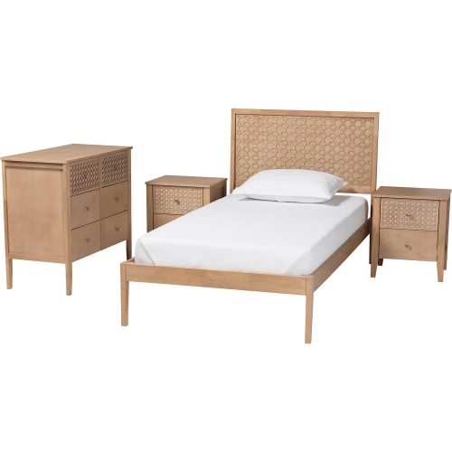 Lara Twin 4 Piece Twin Bedroom Set with Geometric Overlay in Oak Brown Wood