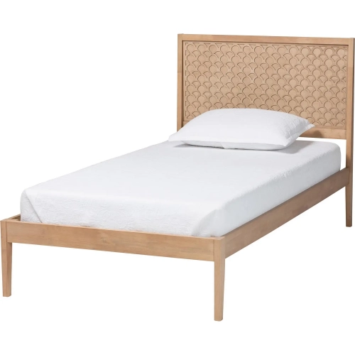 Lara Twin Platform Bed with Decorative Headboard Overlay in Oak Brown Wood