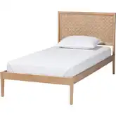 Lara Twin Platform Bed with Decorative Headboard Overlay in Oak Brown Wood