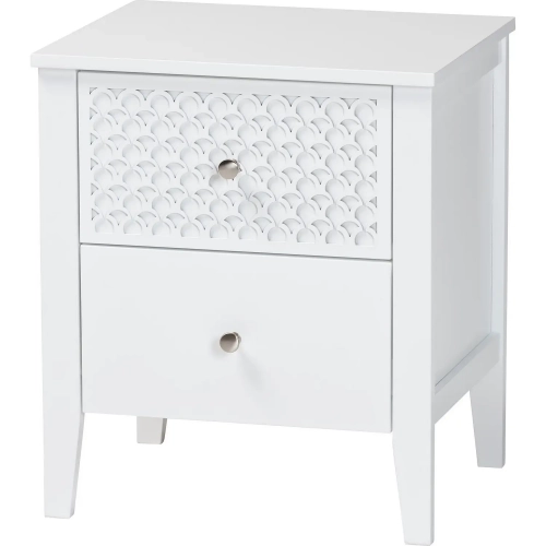 Lara 2 Drawer Nightstand with Geometric Overlay in White Wood