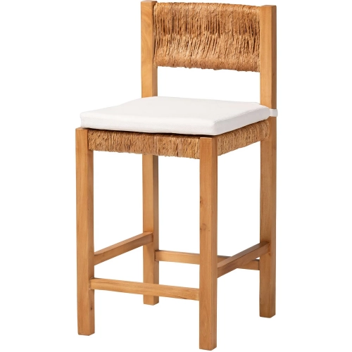 Pava Counter Stool in Mahogany Wood, Woven Seagrass & Neutral Fabric