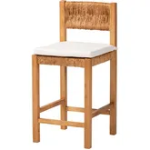 Pava Counter Stool in Mahogany Wood, Woven Seagrass & Neutral Fabric