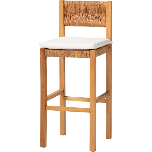 Pava Bar Stool in Mahogany Wood, Woven Seagrass & Neutral Fabric