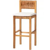 Pava Bar Stool in Mahogany Wood, Woven Seagrass & Neutral Fabric