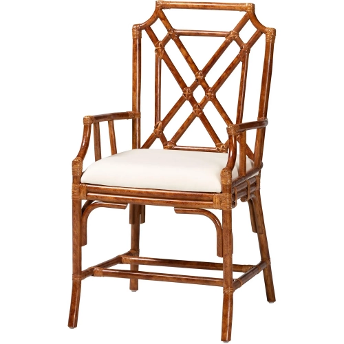 Esmery Dining Arm Chair in Marbled Tortoise Finish Rattan & White Fabric