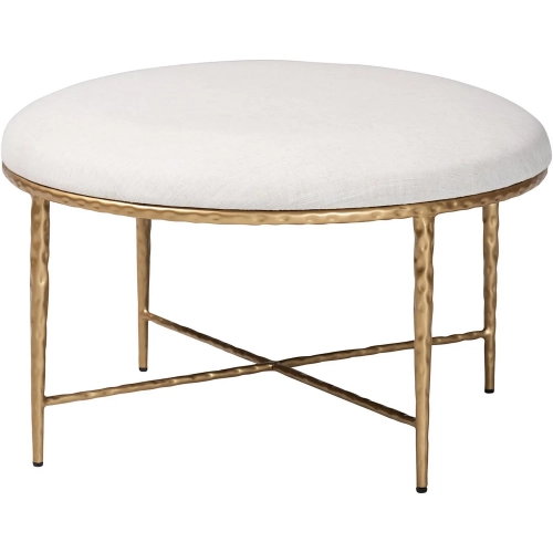 Fumiye 30" Cocktail Ottoman in Ivory Fabric & Hand Forged Gold Metal