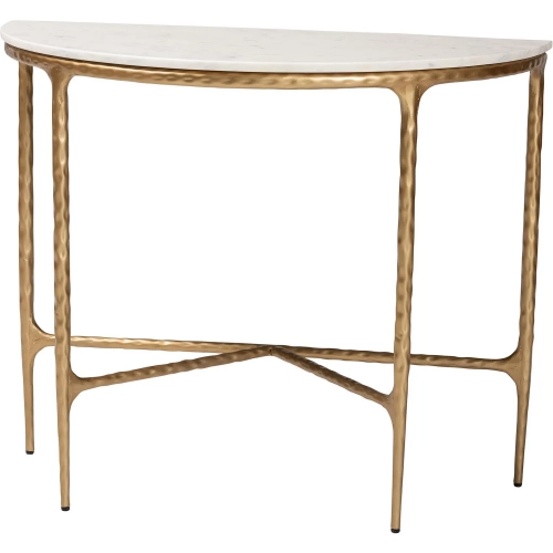 Akanji Half Moon Console Table in White Marble & Hand Forged Gold Metal