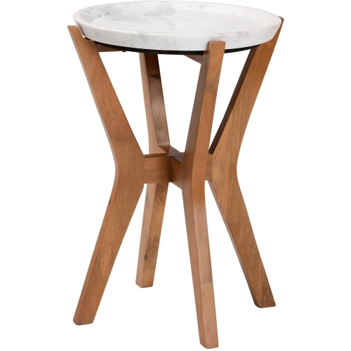 Phaedra Round Tray Top End Table in White Marble & Mango Wood