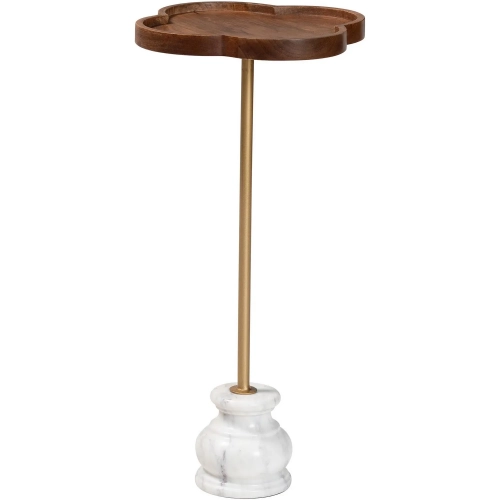 Gezana Side Table in Clover Shape Wood, White Marble & Gold