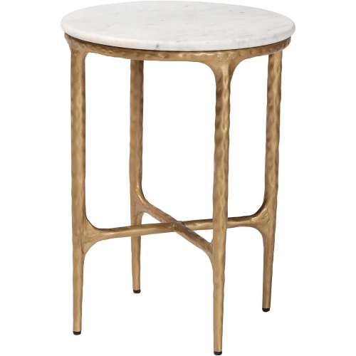Akanji Round End Table in White Marble & Hand Forged Gold Metal