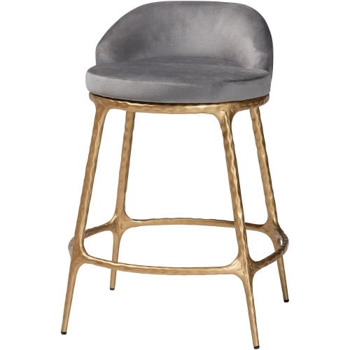 Aarush Counter Stool in Grey Velvet & Gold Hand Forged Metal (Set of 2)