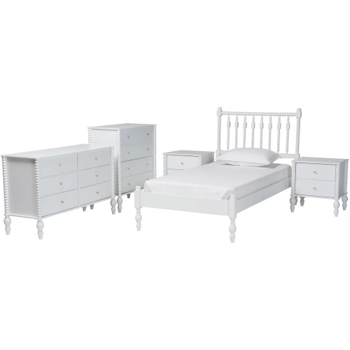 Callison Spindle 5 Piece Twin Bedroom Set in White Wood