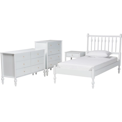 Denita Spindle 4 Piece Twin Bedroom Set in White Wood