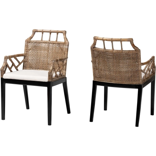 Abiel Dining Arm Chair in Grey Wash Rattan, Black Wood & Neutral Fabric (Set of 2)