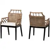 Abiel Dining Arm Chair in Grey Wash Rattan, Black Wood & Neutral Fabric (Set of 2)