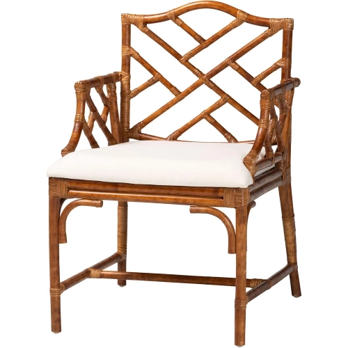 Aella Dining Arm Chair in Marbled Tortoise Finish Rattan & White Fabric