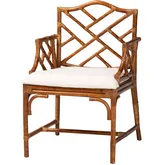 Aella Dining Arm Chair in Marbled Tortoise Finish Rattan & White Fabric
