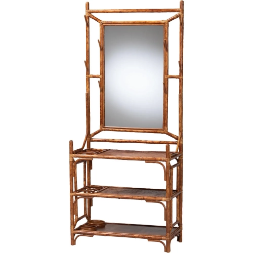Feyre Hall Tree in Marbled Tortoise Finish Natural Rattan & Mirror
