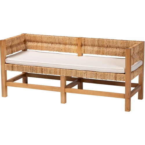 Ismael Bench in Handwoven Seagrass, Mahogany & Neutral Fabric