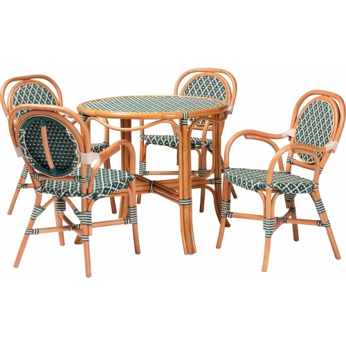 Mattie 5 Piece Round Bistro Dining Set in Natural Rattan & Green & White Poly