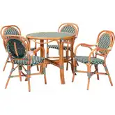 Mattie 5 Piece Round Bistro Dining Set in Natural Rattan & Green & White Poly