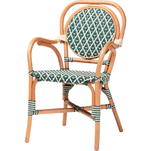 Mattie Bistro Dining Arm Chair in Natural Rattan & Green & White Poly