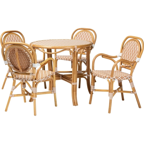 Mattie 5 Piece Round Bistro Dining Set in Natural Rattan & Beige & White Poly