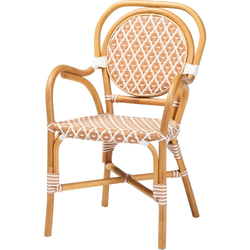 Mattie Bistro Dining Arm Chair in Natural Rattan & Beige & White Poly