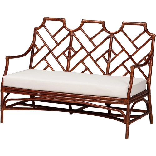 Aella Loveseat Bench in Marbled Tortoise Rattan & White Fabric