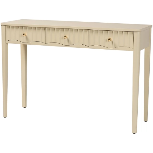 Leeba 3 Fluted Drawer Scalloped Console Table in Beige Wood