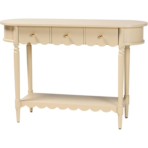 Liba Scalloped 3 Drawer Console Table in Biscotti Beige Wood