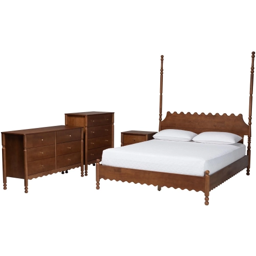 Hoffman Scalloped 4 Piece Queen Bedroom Set in Walnut Finish Wood