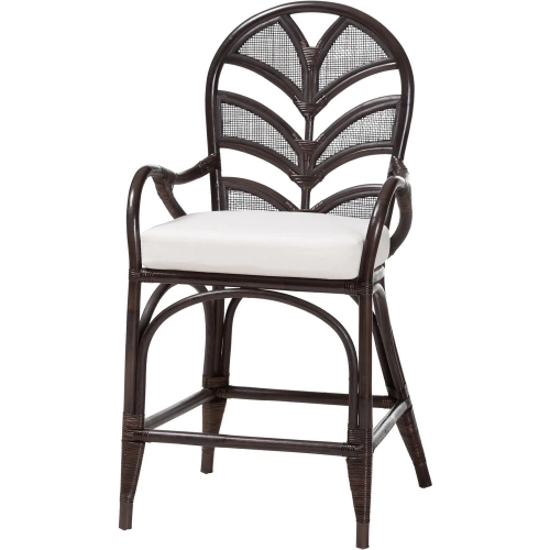 Niven Counter Stool in Espresso Brown Natural Rattan & White Fabric