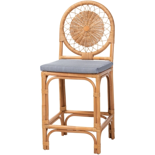Oberon Sunburst Counter Stool in Honey Rattan & Blue & White Fabric