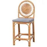 Oberon Sunburst Counter Stool in Honey Rattan & Blue & White Fabric