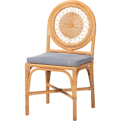 Oberon Sunburst Dining Chair in Honey Rattan & Blue & White Fabric (Set of 2)