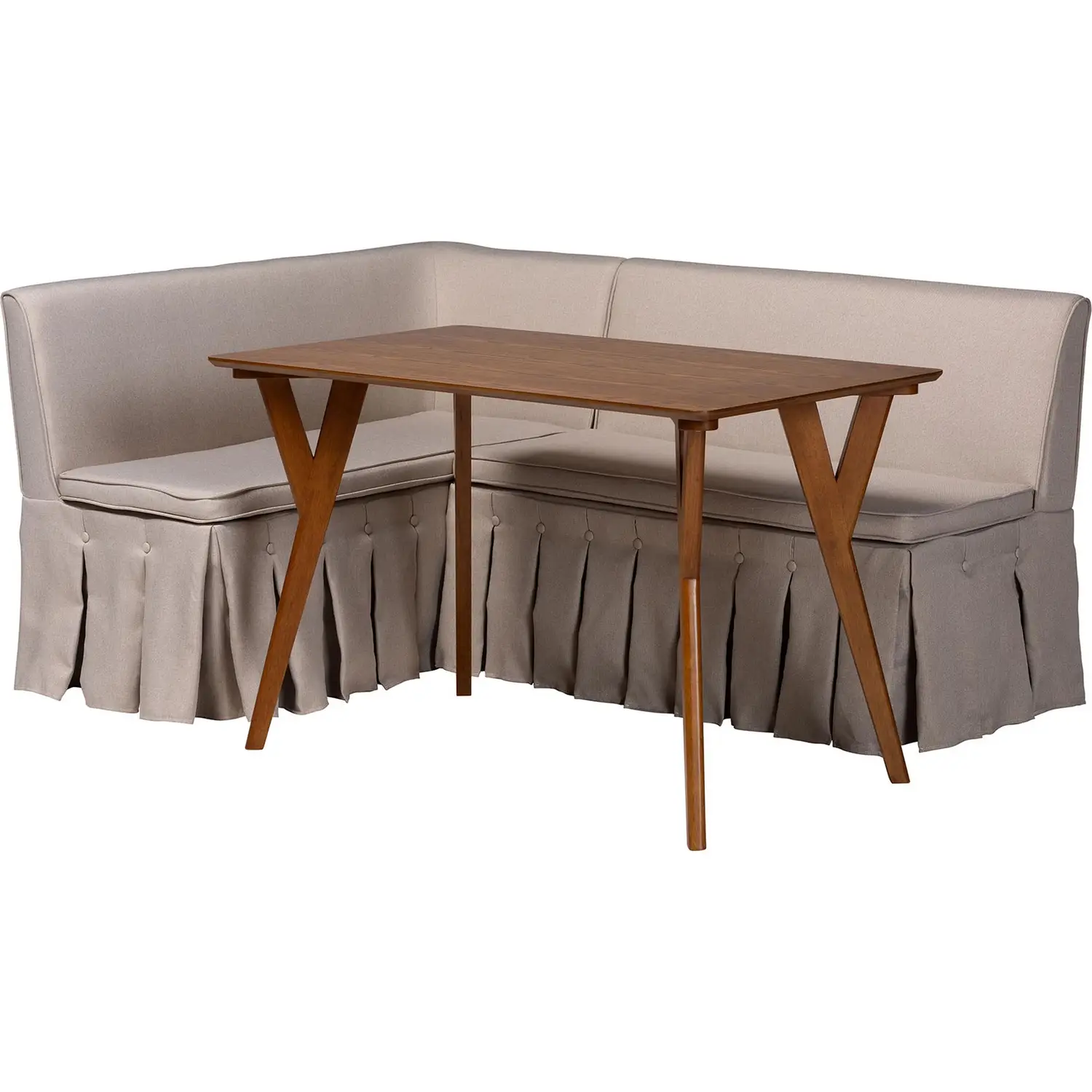 Reginald 3 Piece Corner Dining Nook Set in Wood & Beige Fabric