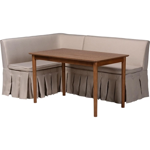 Reuben 3 Piece Corner Dining Nook Set in Wood & Beige Fabric