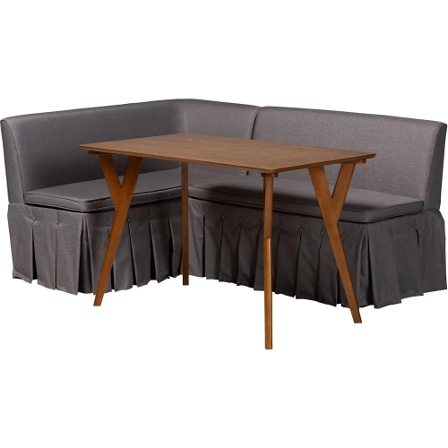 Reginald 3 Piece Corner Dining Nook Set in Wood & Grey Fabric
