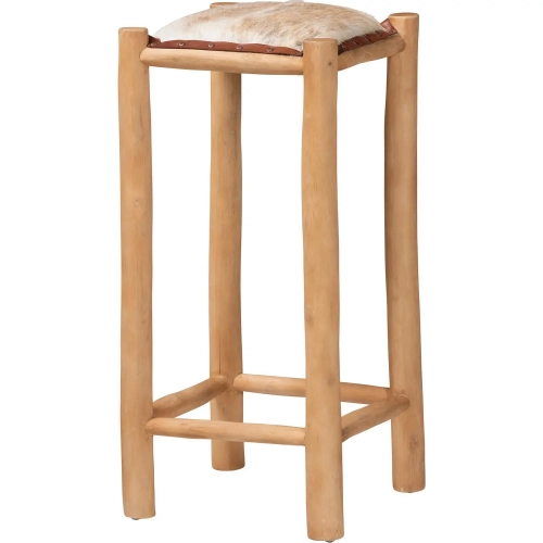 Rivera Bar Stool in Natural Hide Goat Leather & Teak Wood