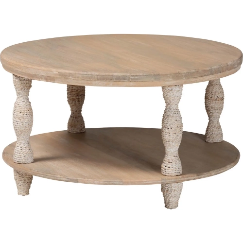Lejane Round Coffee Table in White Wash Wood & Seagrass