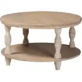 Lejane Round Coffee Table in White Wash Wood & Seagrass