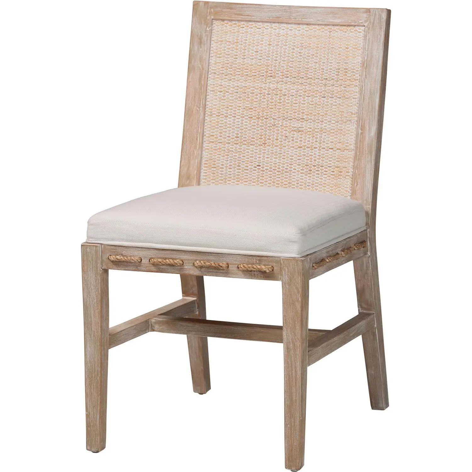 Ashford Dining Chair in White Wash Beige Rattan, Wood & Neutral Fabric (Set of 2)