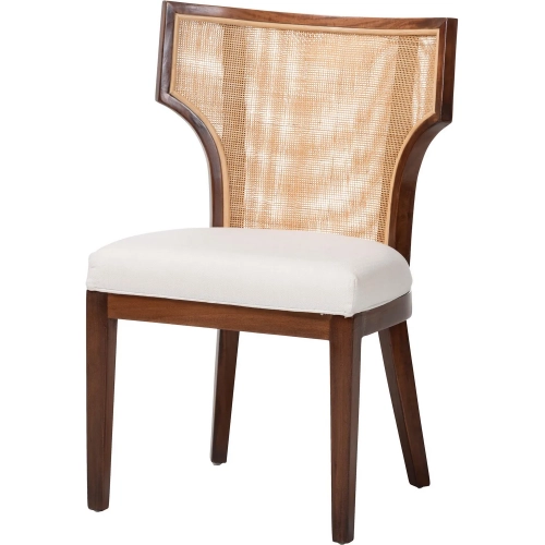 Franco Dining Chair in Brown Wood, Woven Rattan & White Fabric (Set of 2)